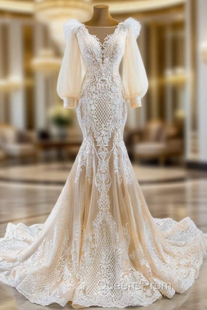 Champagne Mermaid Tulle Long Sleeve Appliques Evening Prom Dress