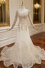 Champagne Mermaid Tulle Long Sleeve Evening Prom Dress With Beading