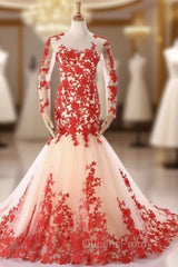 Champagne Mermaid Tulle Res Appliques Long Sleeve Evening Dress