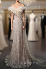 Champagne Mermaid Tulle Sequins Off the Shoulder Evening Prom Dress