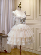 Champagne Mini/Short Evening Prom Dress, Puffy Cute Homecoming Dress With Lace