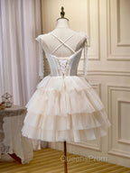 Champagne Mini/Short Evening Prom Dress, Puffy Cute Homecoming Dress With Lace