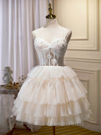 Champagne Mini/Short Evening Prom Dress, Puffy Cute Homecoming Dress With Lace