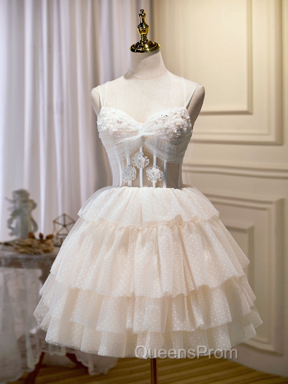Champagne Mini/Short Evening Prom Dress, Puffy Cute Homecoming Dress With Lace