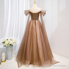 Champagne Off Shoulder Beaded A-line Tulle Long Party Dress, Long Evening Gown