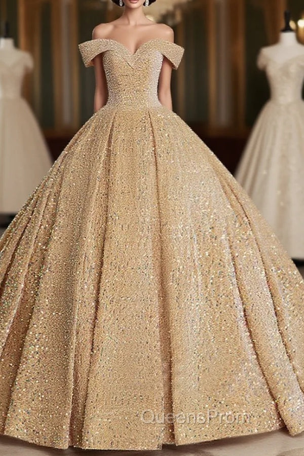 Champagne Off Shoulder Sequin Long Evening Prom Dress, Champagne Evening Dress Secondary image
