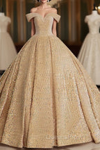 Champagne Off Shoulder Sequin Long Evening Prom Dress, Champagne Evening Dress
