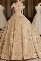 Champagne Off Shoulder Sequin Long Evening Prom Dress, Champagne Evening Dress