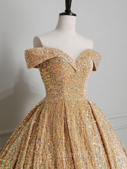 Champagne Off Shoulder Sequin Long Evening Prom Dress, Champagne Evening Dress