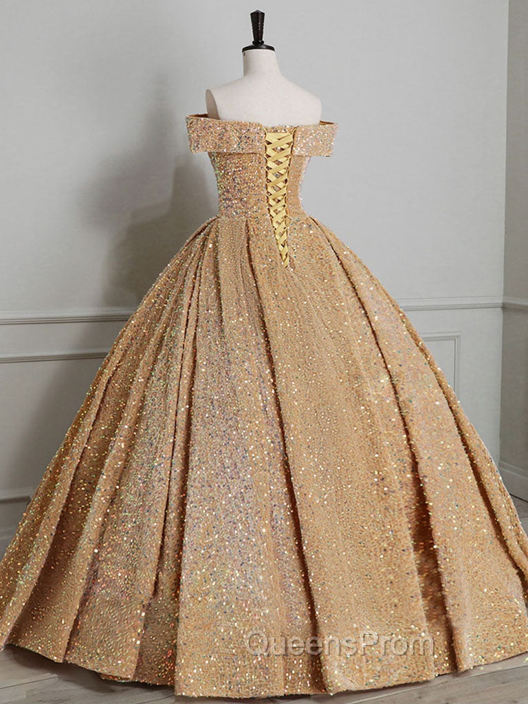 Champagne Off Shoulder Sequin Long Evening Prom Dress, Champagne Evening Dress