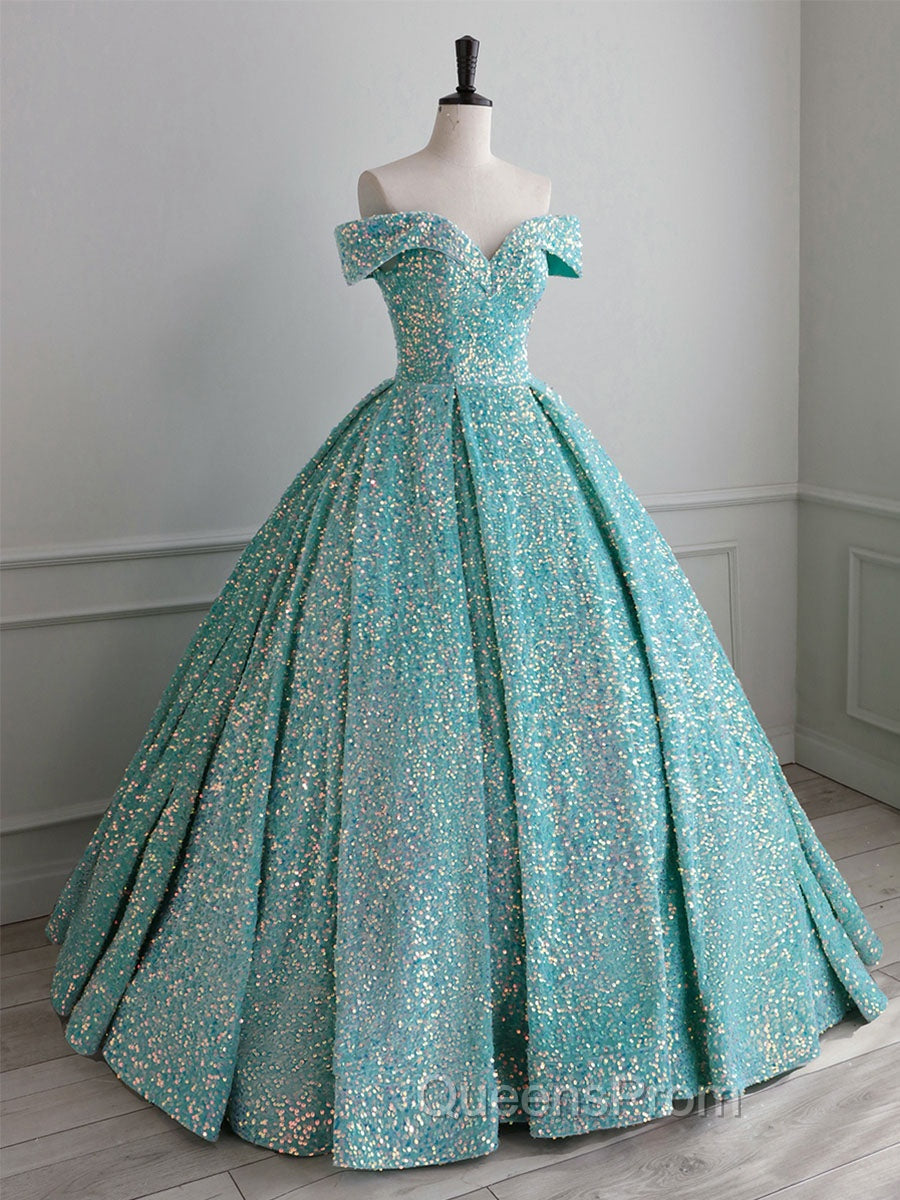 Champagne Off Shoulder Sequin Long Evening Prom Dress, Champagne Evening Dress