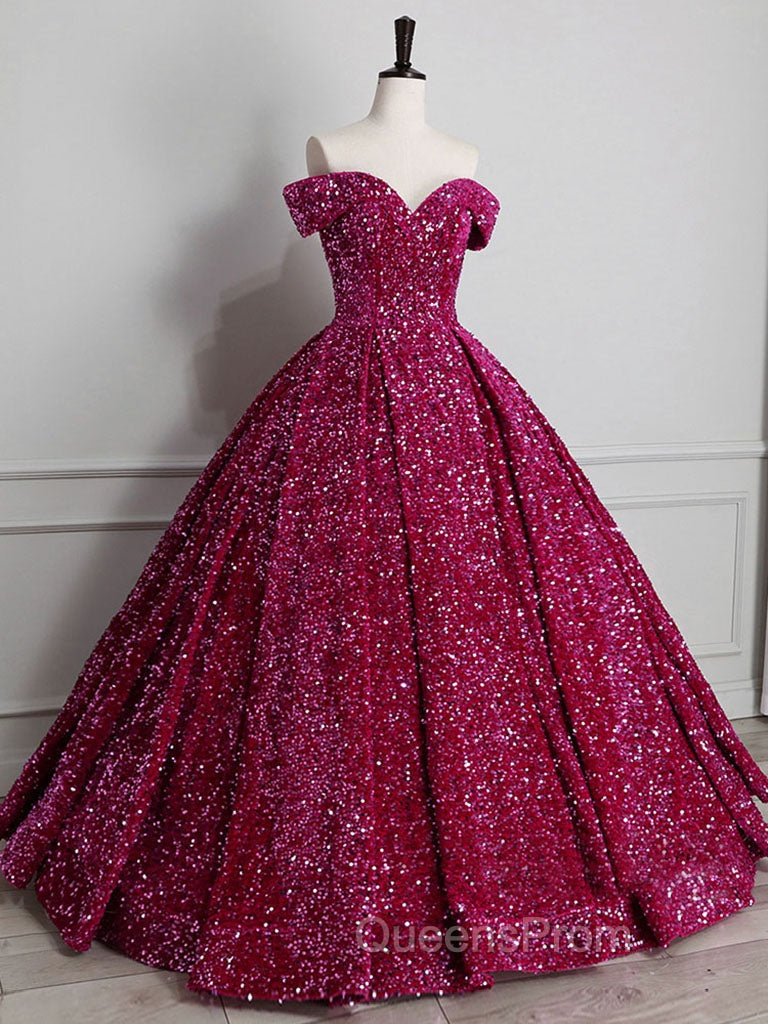 Champagne Off Shoulder Sequin Long Evening Prom Dress, Champagne Evening Dress