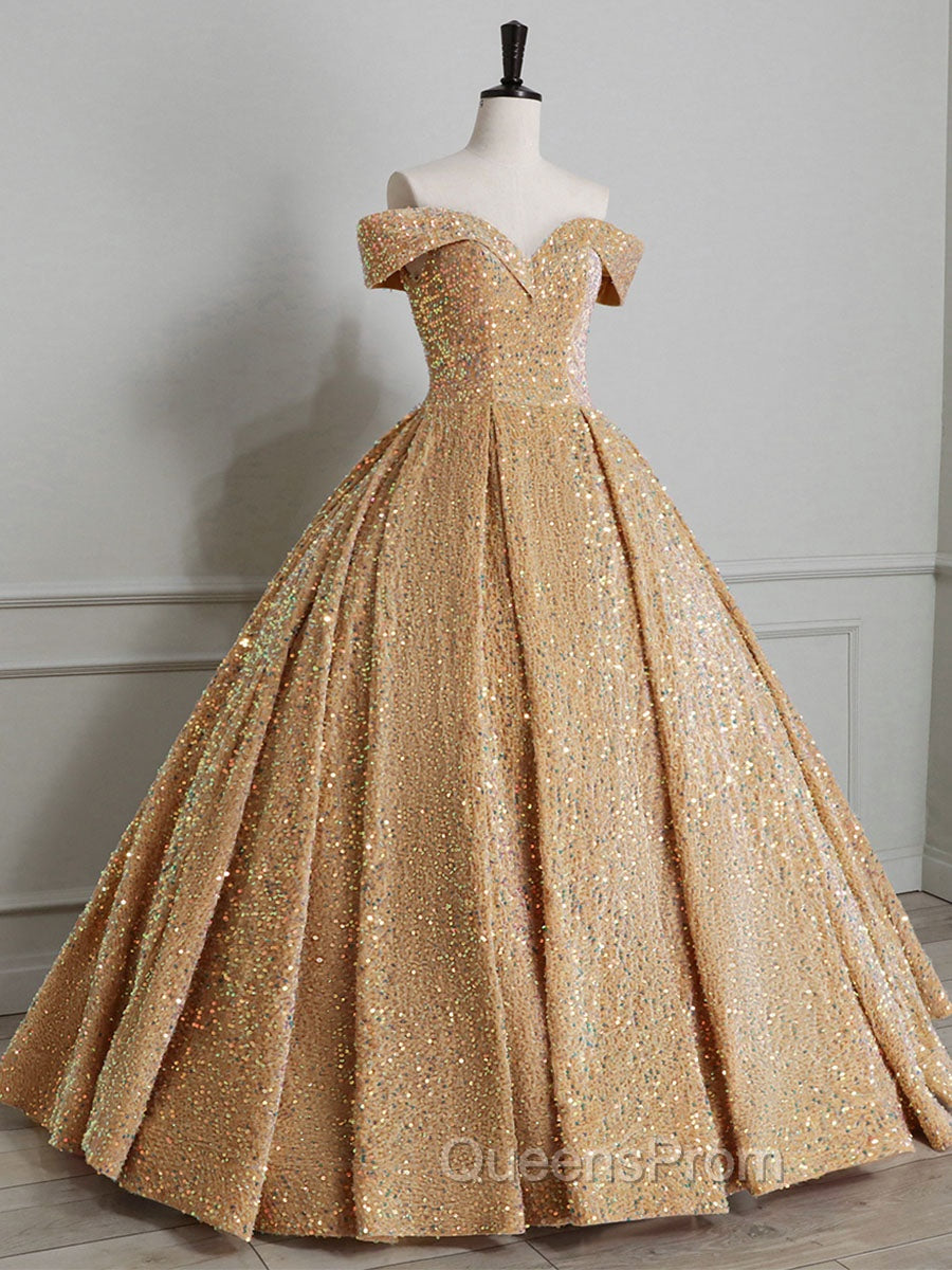 Champagne Off Shoulder Sequin Long Evening Prom Dress, Champagne Evening Dress Main image
