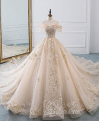 Champagne Off Shoulder Tulle Lace Long Wedding Dress, Wedding Gown Evening Prom Dress