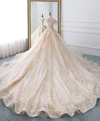 Champagne Off Shoulder Tulle Lace Long Wedding Dress, Wedding Gown Evening Prom Dress