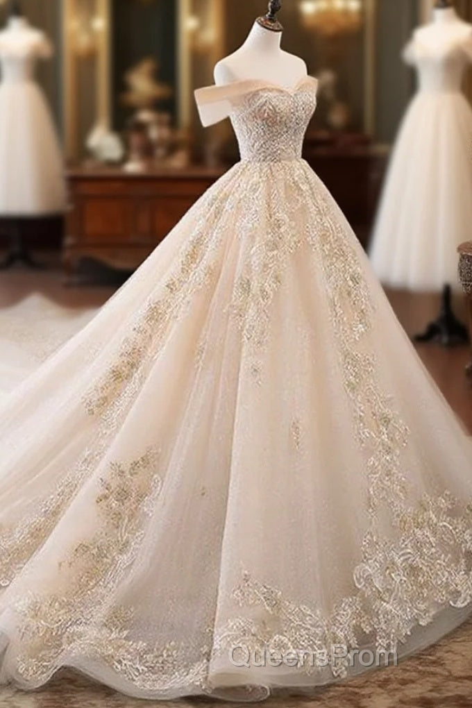 Champagne Off Shoulder Tulle Lace Long Wedding Dress, Wedding Gown Evening Prom Dress Main image