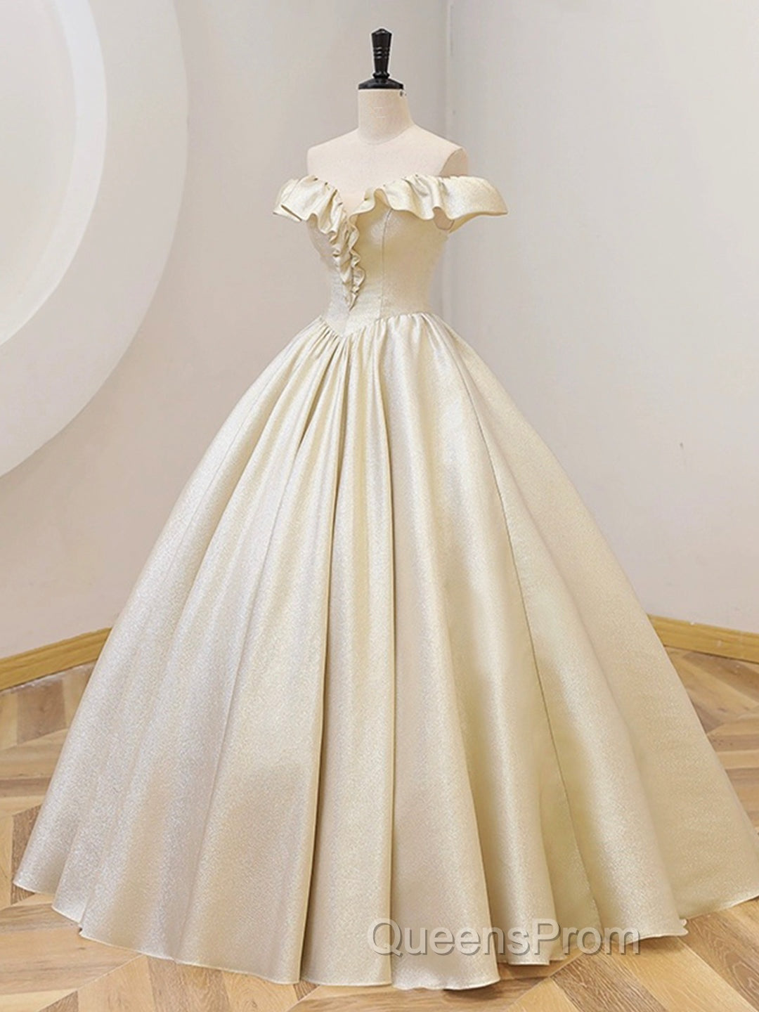 Champagne Off The Shoulder Floor Length Evening Prom Dress, Elegant A-Line Evening Party Dress Secondary image