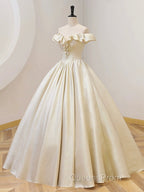Champagne Off The Shoulder Floor Length Evening Prom Dress, Elegant A-Line Evening Party Dress