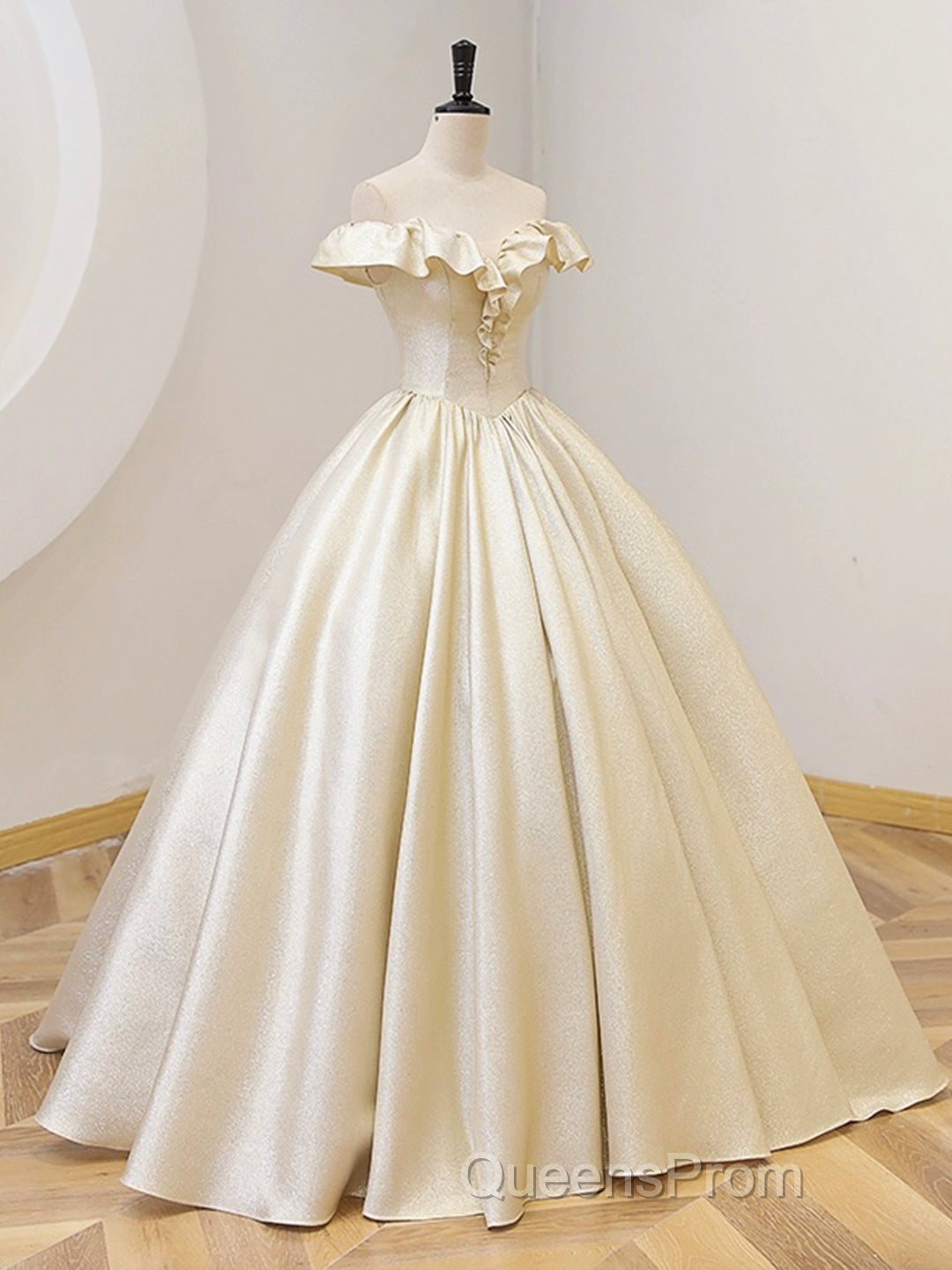 Champagne Off The Shoulder Floor Length Evening Prom Dress, Elegant A-Line Evening Party Dress