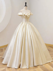 Champagne Off The Shoulder Floor Length Evening Prom Dress, Elegant A-Line Evening Party Dress