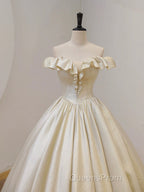 Champagne Off The Shoulder Floor Length Evening Prom Dress, Elegant A-Line Evening Party Dress