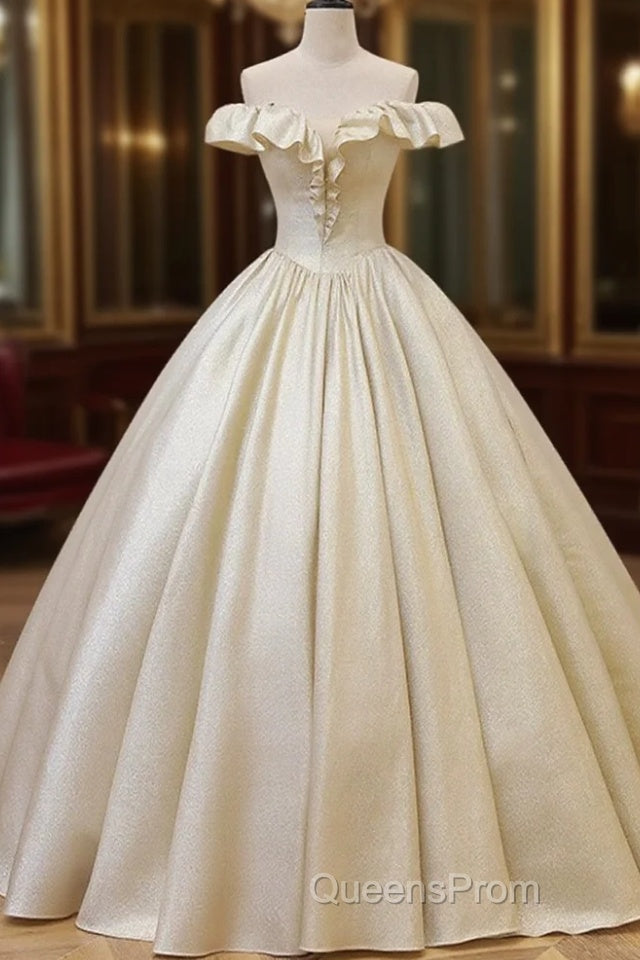 Champagne Off The Shoulder Floor Length Evening Prom Dress, Elegant A-Line Evening Party Dress Main image