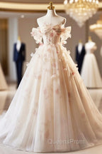 Champagne Off the Shoulder Tulle Floral Floor Length Long Evening Prom Dress