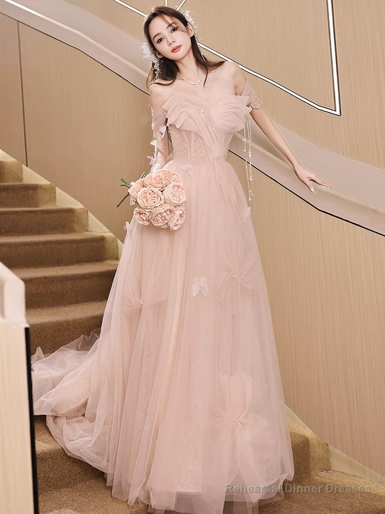 Champagne Pink A-Line Tulle Sequin Long Prom Dress, Champagne Pink Formal Dress Main image