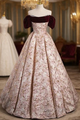 Champagne Pink Flower Puff Sleeve Evening Prom Dress