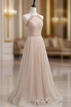 Champagne Pink Long Evening Prom Dress, A Line Tulle Evening Dress Graduation Dress