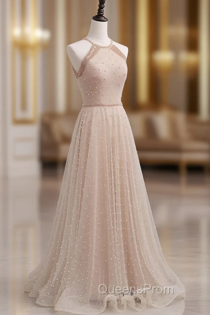 Champagne Pink Long Evening Prom Dress, A Line Tulle Evening Dress Graduation Dress