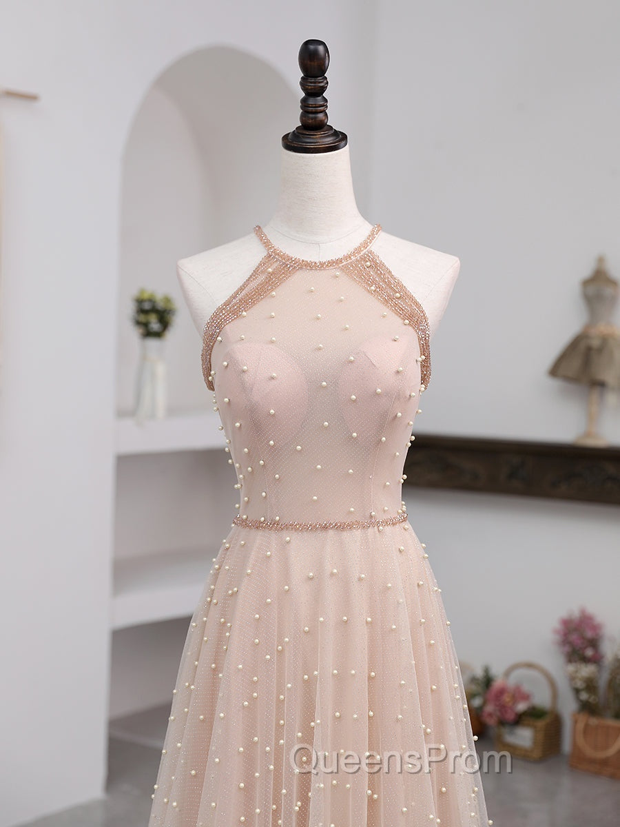 Champagne Pink Long Evening Prom Dress, A Line Tulle Evening Dress Graduation Dress
