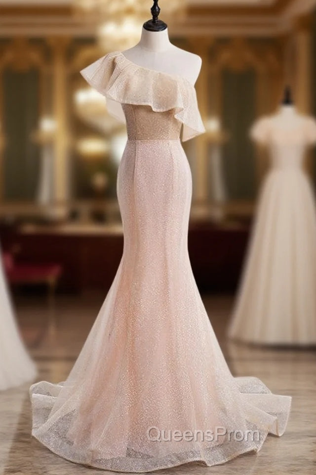 Champagne Pink Mermaid Sequins One Shoulder Evening Prom Dress