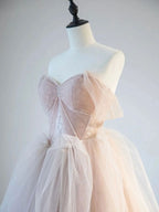 Champagne Pink Off Shoulder Tulle Lace Long Classy Prom Dress, Champagne Classy Dress