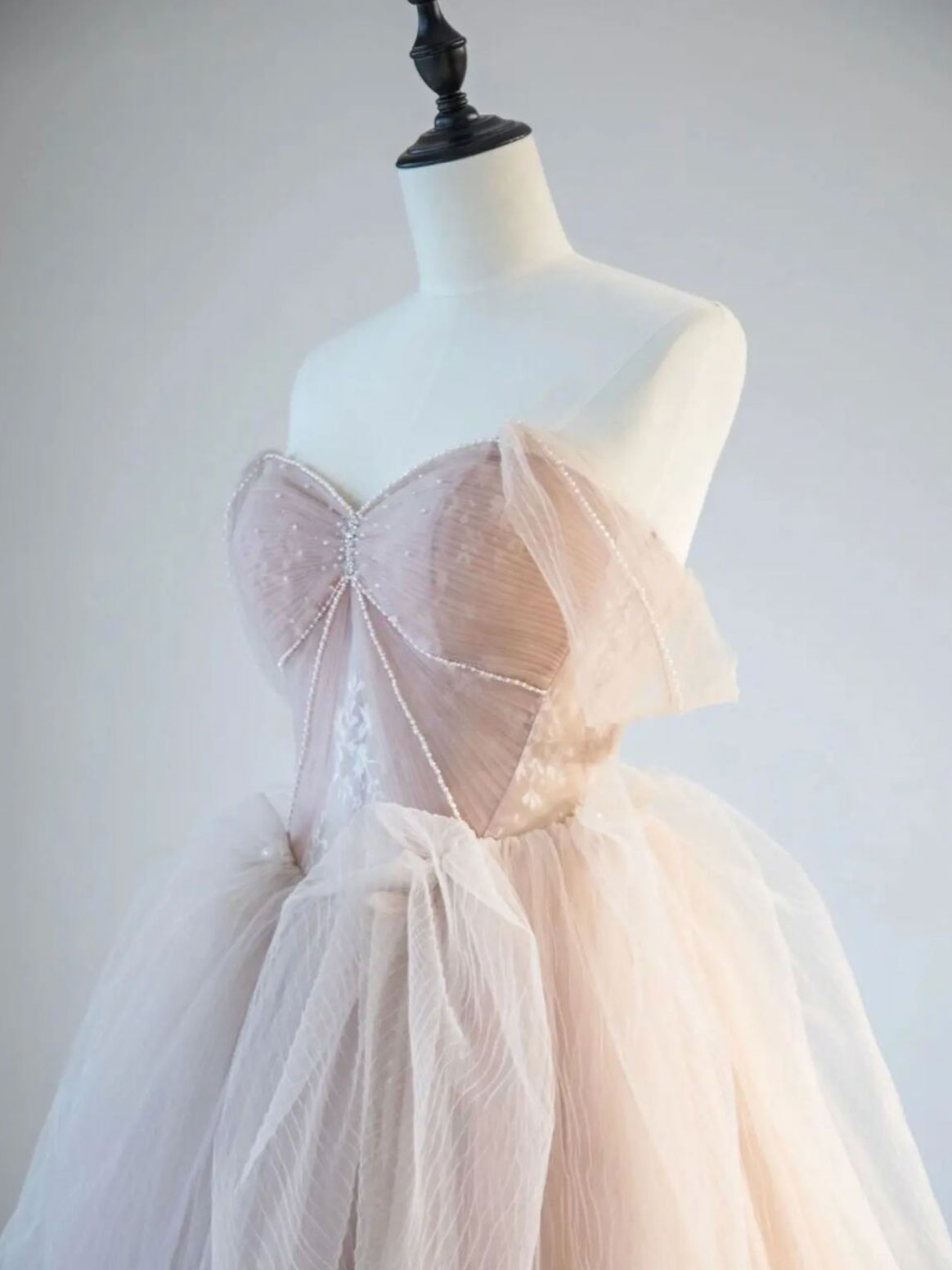 Champagne Pink Off Shoulder Tulle Lace Long Classy Prom Dress, Champagne Classy Dress