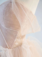 Champagne Pink Off Shoulder Tulle Lace Long Classy Prom Dress, Champagne Classy Dress