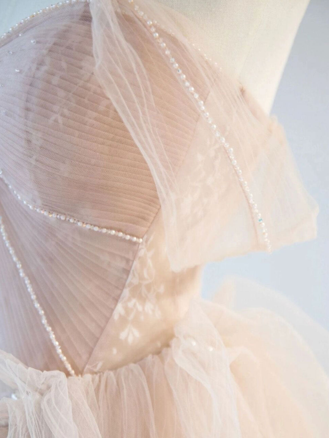 Champagne Pink Off Shoulder Tulle Lace Long Classy Prom Dress, Champagne Classy Dress