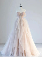 Champagne Pink Off Shoulder Tulle Lace Long Classy Prom Dress, Champagne Classy Dress
