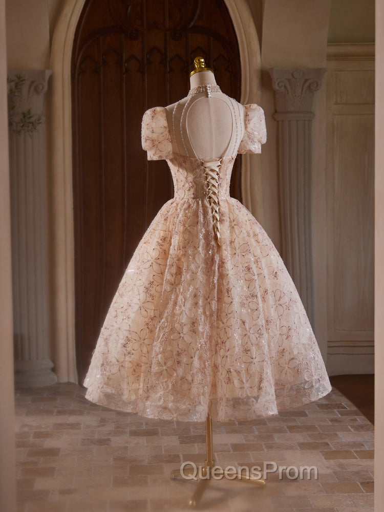 Champagne Pink Tulle Lace Tea Length Evening Prom Dress with Beads