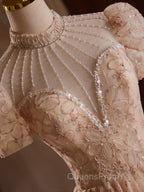 Champagne Pink Tulle Lace Tea Length Evening Prom Dress with Beads