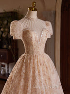 Champagne Pink Tulle Lace Tea Length Evening Prom Dress with Beads