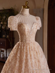 Champagne Pink Tulle Lace Tea Length Prom Dress with Beads