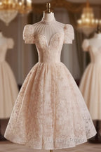 Champagne Pink Tulle Lace Tea Length Evening Prom Dress with Beads