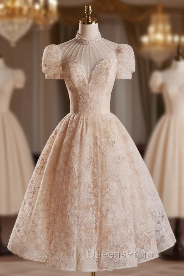 Champagne Pink Tulle Lace Tea Length Evening Prom Dress with Beads