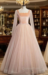 Champagne Pink Tulle Square Long Sleeve Evening Prom Dress