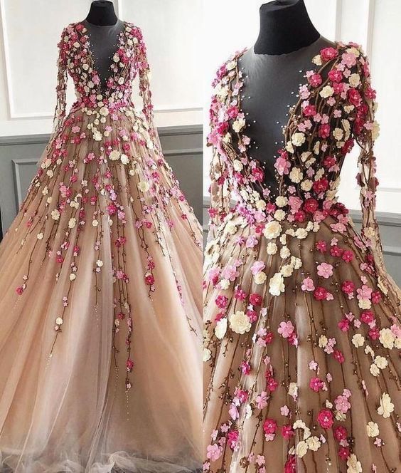 Champagne Classy Prom Dress, 3D Flowers Classy Prom Dress, Long Sleeve Classy Prom Dress, Elegant Classy Prom Dress