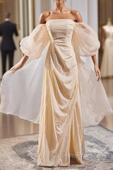 Champagne Puff Sleeve Pleats Evening Prom Dress