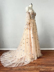 Champagne Puffy Sleeves Tulle Long Evening Dress, Champagne Party Dress Evening Prom Dress