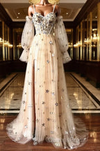 Champagne Puffy Sleeves Tulle Long Evening Dress, Champagne Party Dress Evening Prom Dress