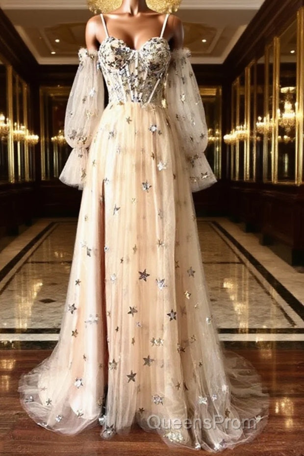 Champagne Puffy Sleeves Tulle Long Evening Dress, Champagne Party Dress Evening Prom Dress